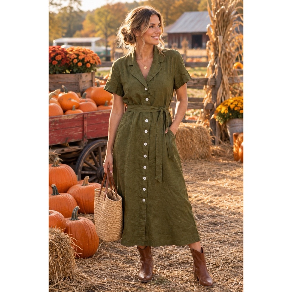 Quince European Linen Button Front Dress Bayberry Olive Green Pockets Large Boho